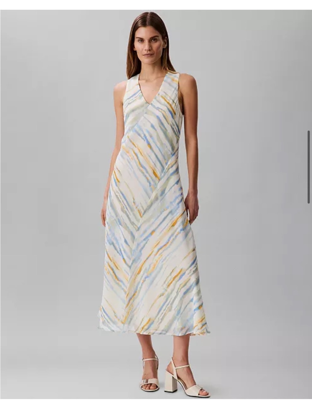 Calvin KleinSleeveless V-Neck Watercolor Stripe Midi Dress - White/Blue/Yellow